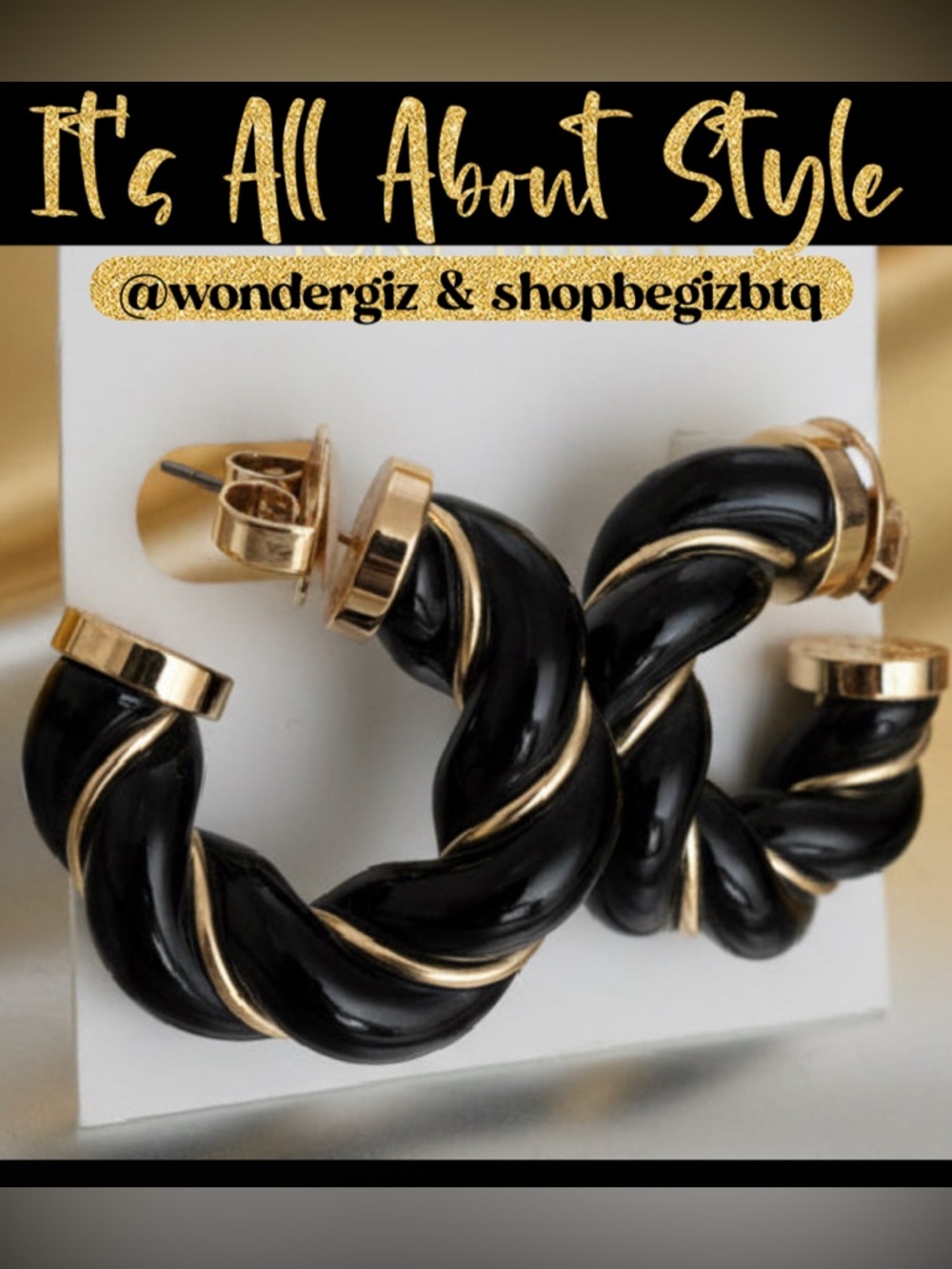 NWT Authentic Tory Burch Black and Gold Textured Rope Hoop Earrings - Picture 9 of 13